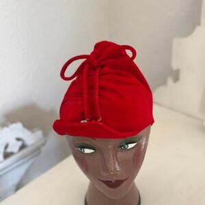 Debette New York Red Velvet Drawstring Turban Hat 1950s Silver Floral Tips